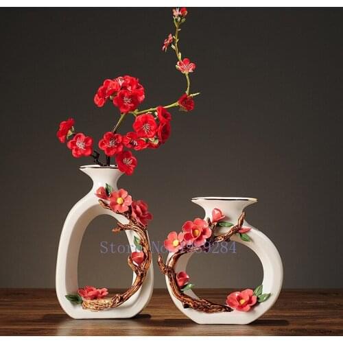 Chinese Ceramic Vase Hollow Out Artificial Flower Ceramic Handicraft Ornaments Modern Home Decoration Vintage Flower Vase