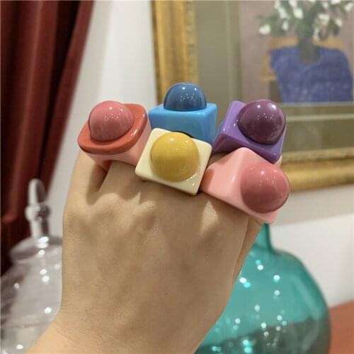 New Ins Personality Cute Color Round Resin Ring Simple Colorful Acrylic Rings For Women Girls Fashion Jewelry Gift
