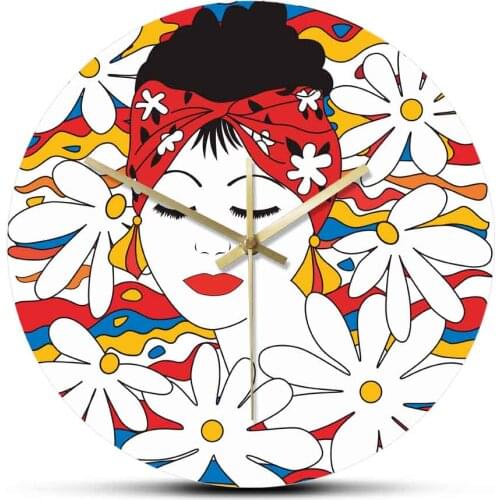 Beauty Tropical Woman With Flowers Non ticking Acrylic Printed Wall Hanging Watch Modern Fashion Glamour Female Wall Art Clock