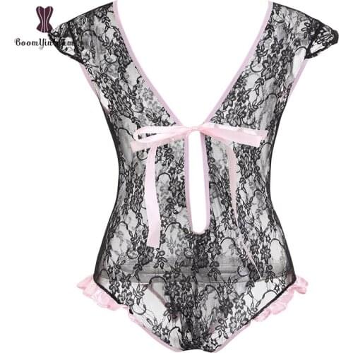 Bow Knot Floral Lace Tank Top With Sleeveless Deep V Lingerie Sexy Body Shapewear For Women