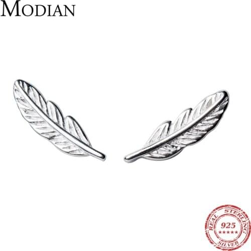 Modian Hot Sale 925 Sterling Silver Lucky Fashion Romantic Simple Feather Tree Leaf Stud Earrings For Women Silver Fine Jewelry