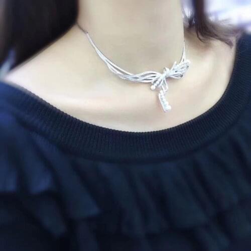 Real fresh water pearl bowknot torques necklace fine women jewelry 925 sterling silver free shipping engagement