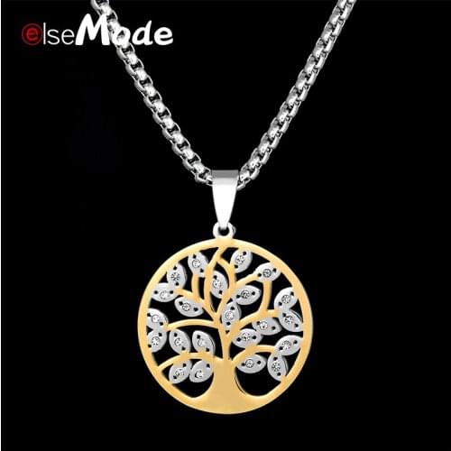 ELSEMODE Vintage Cubic Zircon Tree of Life Round Pendant Necklace Gold Color Stainless Steel Women Jewelry for Engagement Gifts