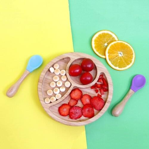 Baby Toddler Feeding Suction Cup Soft Head Spoon Baby Set Separating Bamboo Placement Plate BPA Newborn Feeding Dinner Plate Gif