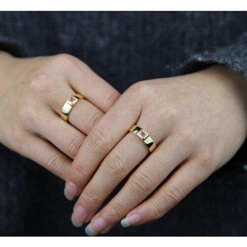 Simple finger engagement wedding rings Gold Color Pink Square Cubic zirconia single stone design rings