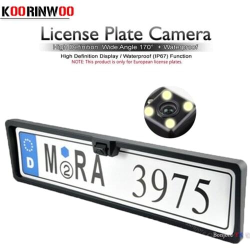 Koorinwoo HD EU Car License Plate Frame Parking Camera 4 LED Lights Car Number Frame Backup Reverse Back up Cam Parking System