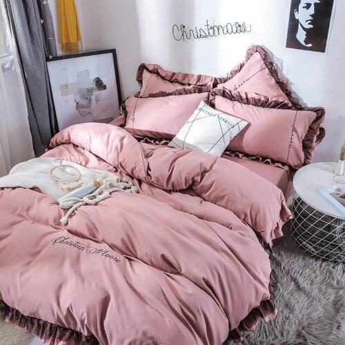 Ins Luxury Solid Color Bedding Set Duvet Cover Sheet Skin-friendly Quilt Cover Girl Pink Princess Style Bedding 4piece Bed Cover