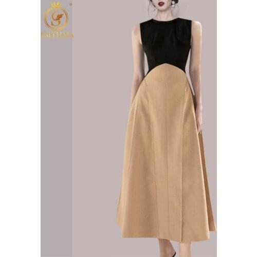 SMTHMA 2021 New Fashion Black Patchwork Khaki Smmer Long Dress Korean Chic Casual Sleeveless O-Neck Maxi Dress Womens Clothes