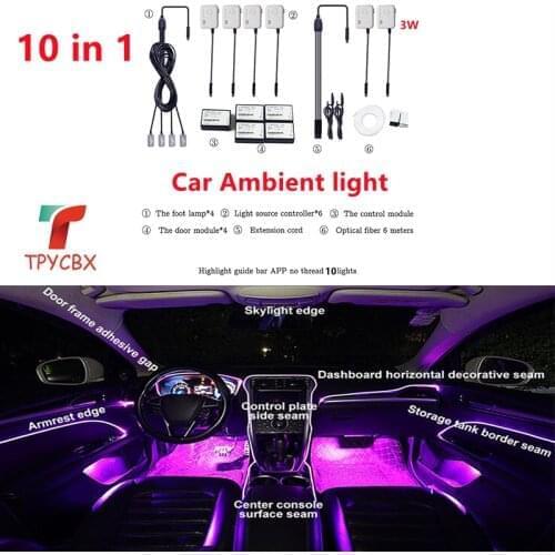 Universal 10 in 1 RGB 3w LED with 8M Car Interior Decor Fiber Optical Strip Light by App Control 12V Decorative Atmosphere Lamps