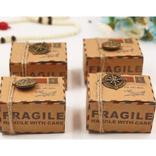 Vintage kraft paper favor box with compass globe pendants Airplane Air Mail Parcel candy gift box birthday party wedding decor