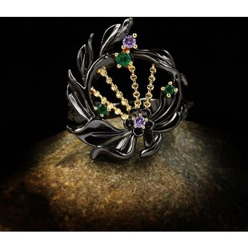 Vintage Female Purple Green Crystal Ring Classic 14KT Black Gold Wedding Ring Luxury Flower Tree Engagement Rings For Women