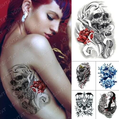 Waterproof Temporary Tattoo Stickers Butterfly Skull Rose Flower Gun Flash Tattoos Female Arm Body Art Fake Sleeve Tatoo Male
