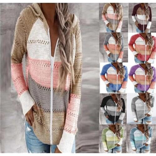 Women Hooded Sweatshirt Plus Size Ladies Autumn Spring Casual Patchwork Long Sleeves Hooded Zipper Sweater Cardigan Tops