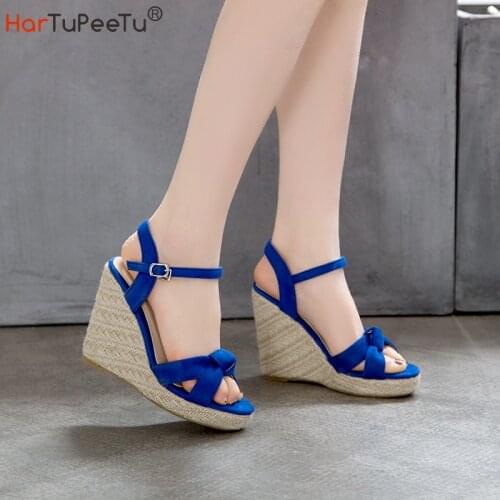 Size 34~46 Wedges Sandal Women Summer New Platform Pumps Bohemia High Heel Ankle Strap Solid Flock Female Shoes Zapatos De Mujer