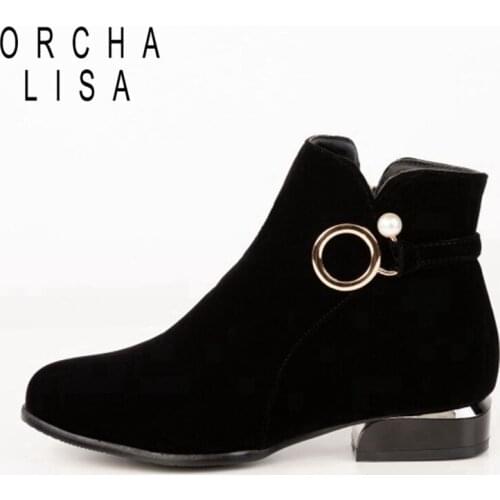 ORCHALISA Womens ankle boots Flats Female mujer Zipper Flock Solid Metal decoration Simple and Generous Black Boats 2022 S2406