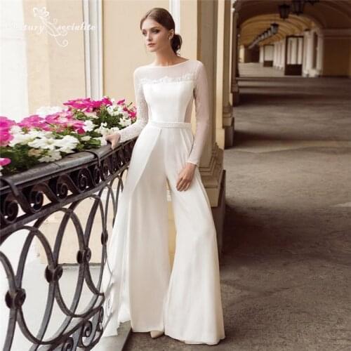 Women Jumpsuits Wedding Dresses Detachable Pearls Belt Chiffon Lace Bride Reception Jumpsuit Bridal Pantsuits Robe De Mariee