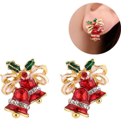 Women Rhinestone Christmas Jingle Bell Bow Ear Stud Earrings Xmas Jewelry Gift