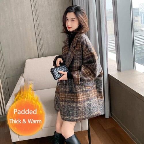 Wenfly Women Winter Korean Plaid Vintage Woolen Loose Coats Female Double Breasted Turn-down Collar Thick Warm Overcoat