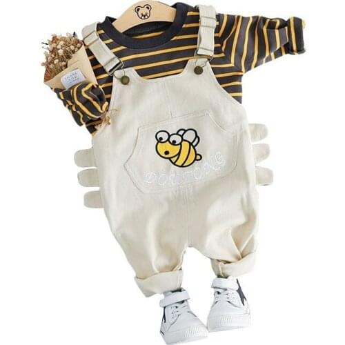 Spring Autumn Toddler Cotton Clothes Baby Boys Girls Clothing Children Stripe T-Shirt Overalls Pants 2pcs/set Kid Casual Costume