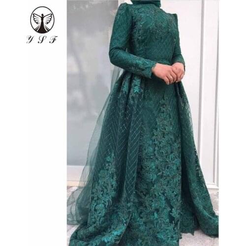 2019 Fashion Dark Green High Collar Appliqued Lace Pleated Long Sleeve A Line Formal Prom Dresses