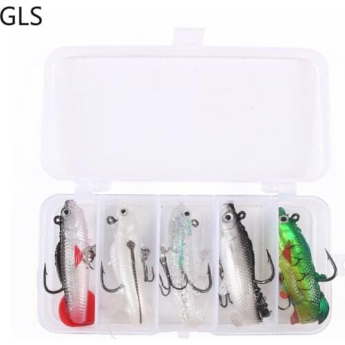 GLS New 5Pcs Fake Bait Box Kit 8.5cm/8cm T-shaped Tail Ring Tail Soft Rubber Fishing Lure 3D Eye Bait Fishing Tackle