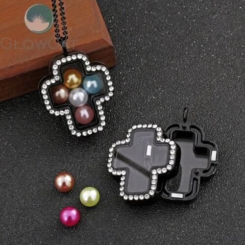 Black Rhinestone Christ Cross Glass Memory Floating Lockets Magnetic Pendant Necklace 50cm Steel Chain Jewelry