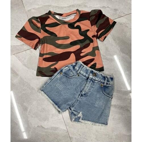 Citgeett Summer Kid Baby Girls Short Sleeve Tops+ Denim Shorts Camouflage Print High Waist Casual Style Loose Clothing Set