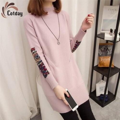 Cotday Pink Long Thick Half High Collar Loose Office Style Lady 2021 Hot Sale Spring Full Sleeve Korea Print Pullovers Sweater