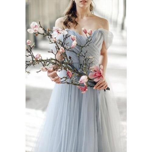 Elegant Gray Off the Shoulder Wedding Dress Vintage Tulle New Backless Bridal Dress Sweep Train Wedding Dresses
