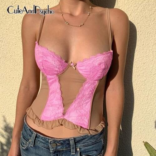 Patchwork Y2K Crop Corset Tops Women Sexy Lace Bow Ruched Cute Milkmaid Tops Backless Sexy Vintage Cami 90s Tops Cuteandpsycho