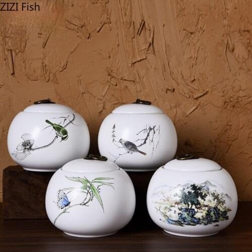 Classical Landscape Plant Ceramic Storage Jar Moisture-proof Sealed Tea Tin White Candy Small Object Storage Jar Kitchen Storage
