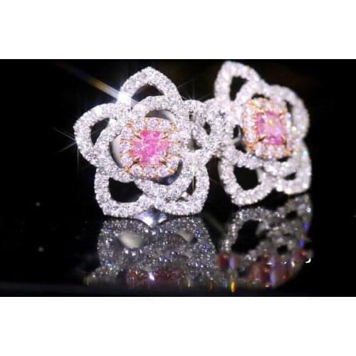 KOFSAC Fine Silver Color Earrings For Women Jewelry Luxury Pink Crystal Full Zircon Flower Earring Girl Party Accessories