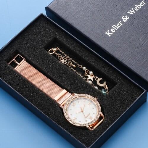 Exquisite Watch Bracelet Set Women Birthday Gift Lady Quartz Watch Stainless Steel Mesh Strap Simple Dial Girl Rose Golden Chain