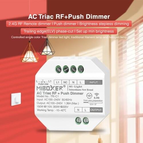 Miboxer TRI-C1 2.4G RF Remote AC Triac Push Dimmer AC100~240V For Single Color Triac Dimmable LED Light