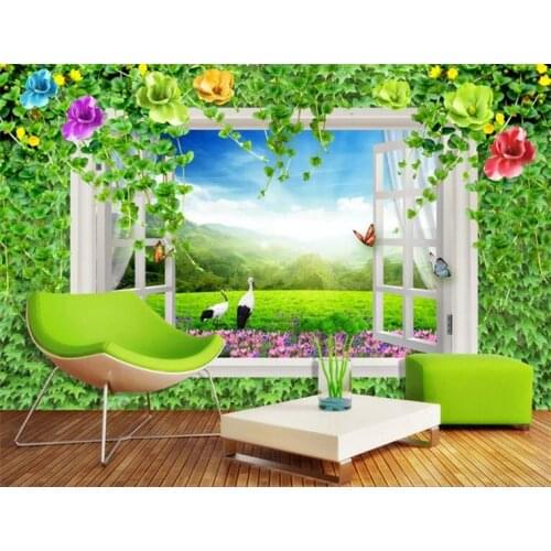 Custom wall paper green rattan window rural scenery 3D TV background wall TV background wall European style art mural