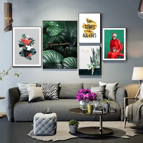 Nordic Green Plant Leaves Red Shirt Women Portrait Text Living Room Decoration Painting Canvas Spray Color Wall Picture Poster