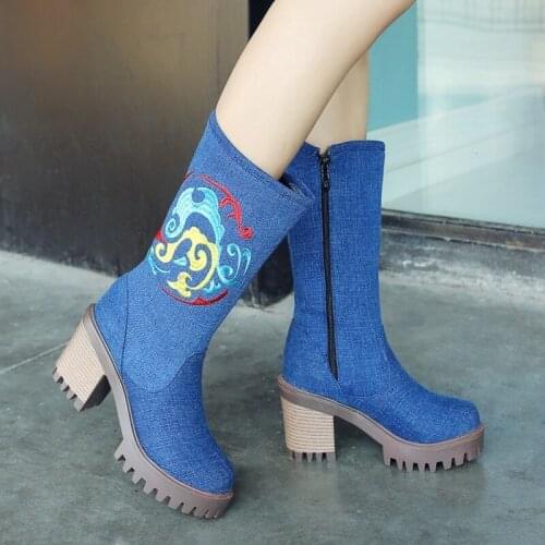OLOMLB US4-11 Womens Round Toe Denim Jeans Embroidery Mid Calf Boots Oxfords Block Chunky Heel Shoes Side Zip Plus Size 3Colors