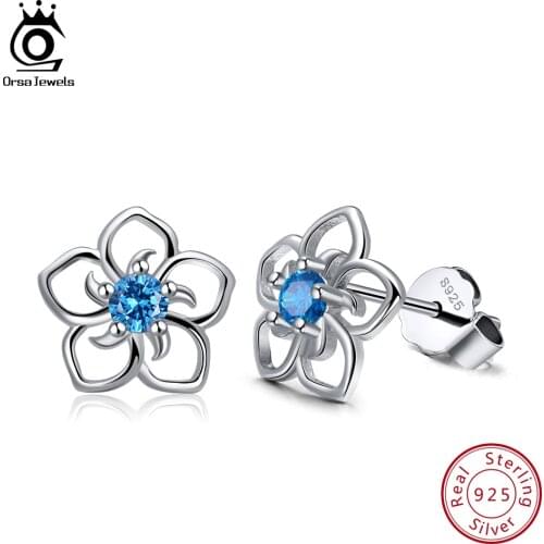 ORSA JEWELS Pure 925 Sterling Silver Stud Earrings Clear/Red/Blue/Purple AAAA Cubic Zirconia Fashion Jewelry Earring SE71