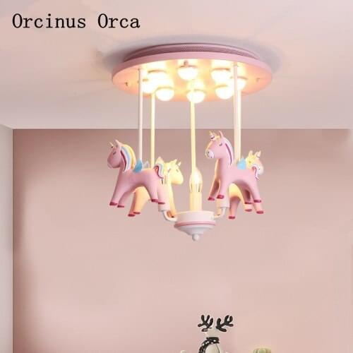 Pink horse ceiling lamp Princess Room Girls Bedroom Childrens Room Lights American Cartoon LED Pink Animal Chandelier