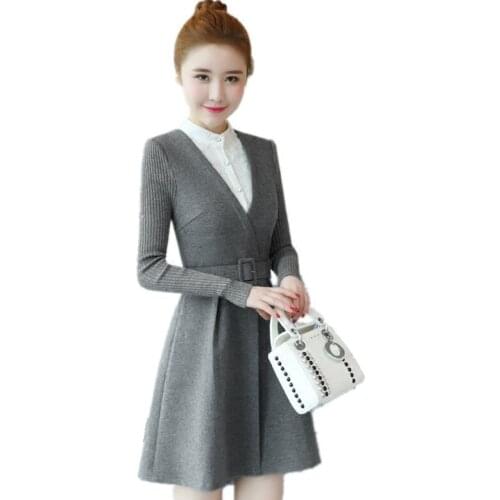 Long sleeves woolen dress female spring and autumn new fake two lace stitching A-shaped thickened dress