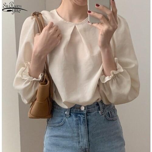 Chic Spring New Long Sleeve O- Neck Collar Elegant Chiffon Blouse Women Solid Color Loose Slim Ladys Shirt Blusas Mujer 13333