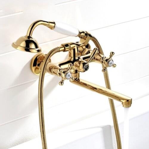 Gold Bathroom Shower Faucets Antique Brass Hand Rain Shower Head Tap With Long Spout Set Dual Handle Bathtub Faucet