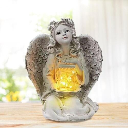 50%HOTLED Illuminate Resin Guardian Angel Statue Absorbs Solar Energy Antique White Finish Garden Sculpture Home Decor