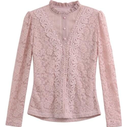 Winter Fall Women Lady Ruffles Stand Collar Lace Patchwork Fleece Warm Shirt Tops , Autumn Casual Womens 5xl Thick Tee Shirts