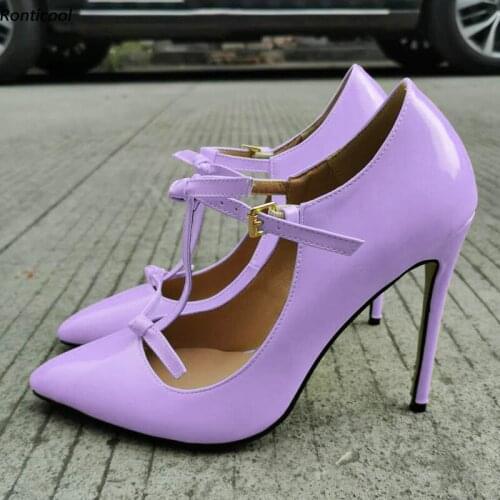 Ronticool Handmade Women T-Strap Pumps Patent Sexy Stiletto Heel Pointed Toe Gorgeous 9 Colors Party Shoes US Plus Size 5-15