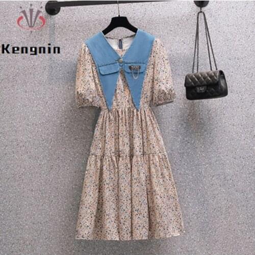 Oversized Womens Dress Print French Style Ladies Vestidos Dresses 2021 Summer with Denim Shawl Chiffon Robe Dress KE1272