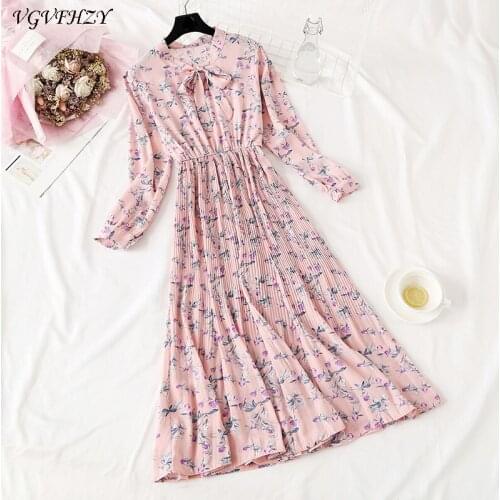 Elegant Print Vintage A-line Long Dress Chiffon Elasticated waist Long sleeve Women Dress 2020 Spring Summer Pleated Dress