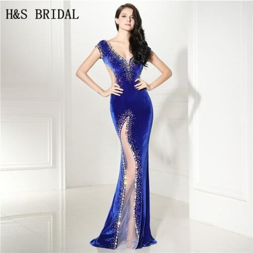 H&S BRIDAL Vintage Velvet Sexy Royal Blue Evening Dress Side Transparent Velour Vestido Longo Cheap evening dresses long