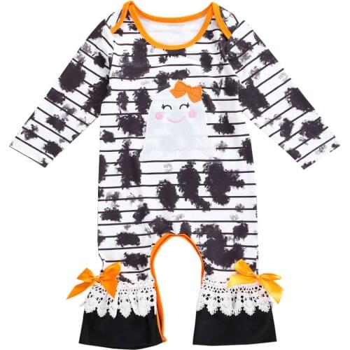 2020 Halloween Newborn Baby Girls Clothing Long Sleeve Round Collar Cartoon Ghost Print Striped Rompers 0-24M Toddler Clothes