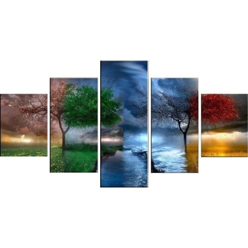 5 Pieces Wall Art Canvas Painting landscape Two trees Representing The Four Seasons Bedroom Decoration Pictures Print